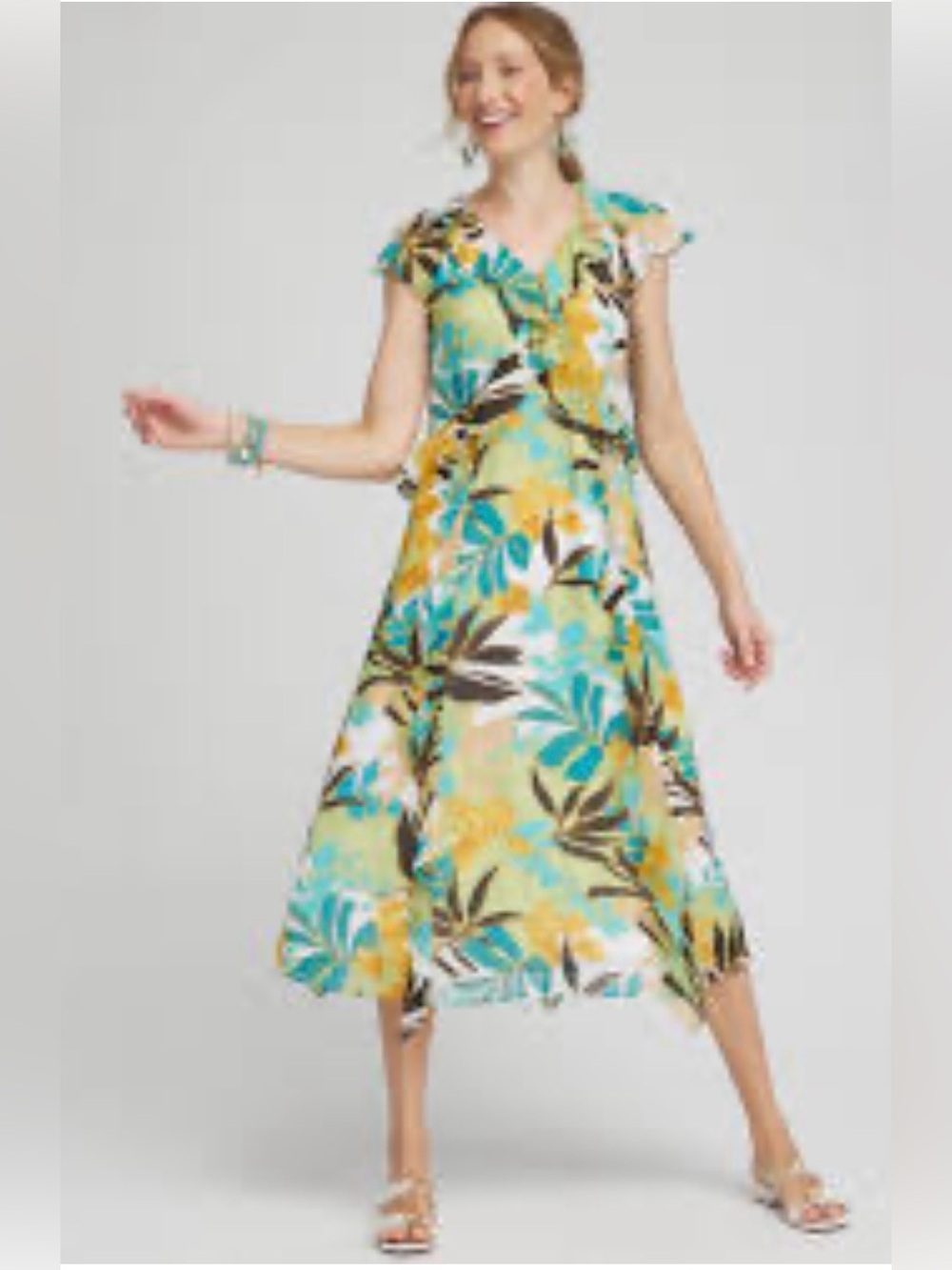 Chico's Chiffon Floral Faux Wrap Dress tropical colors Size 16 NEW